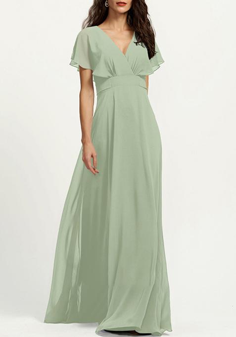 Green A-line V-Neck Chiffon Gown