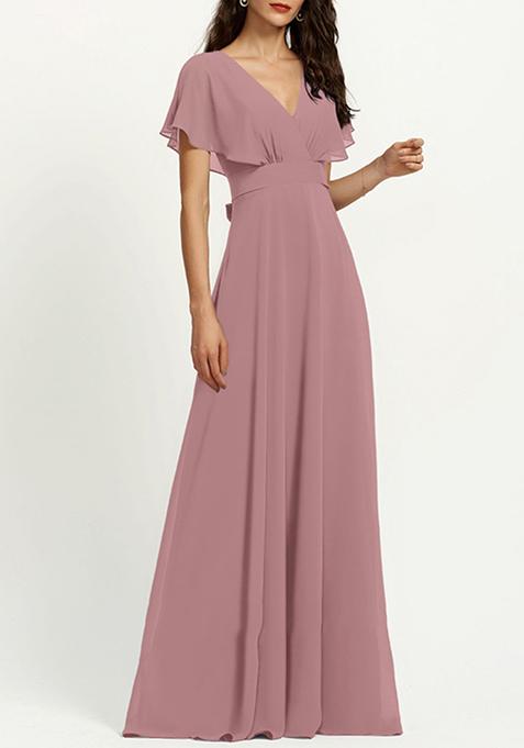 Vintage Mauve A-line V-Neck Chiffon Gown