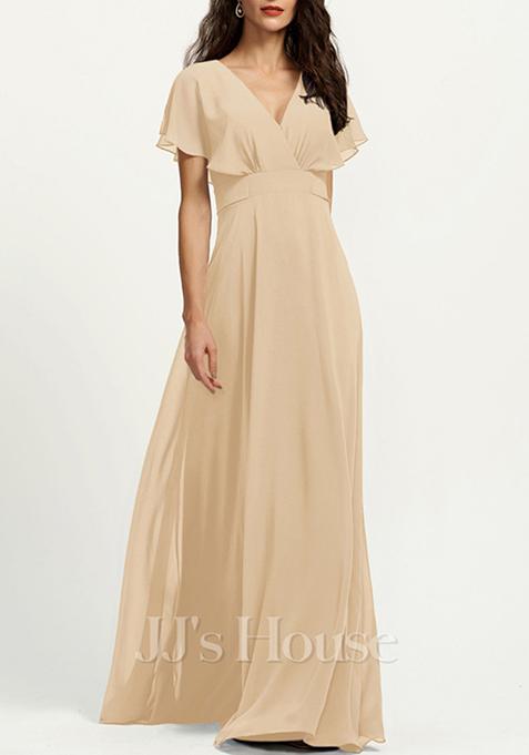 Beige A-line V-Neck Chiffon Gown