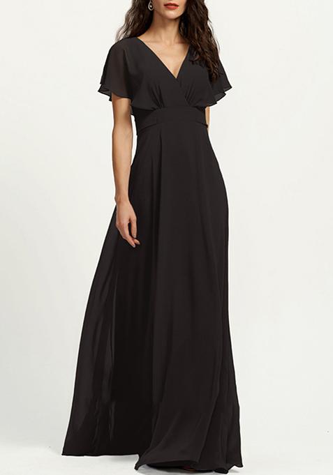 Black A-line V-Neck Chiffon Gown