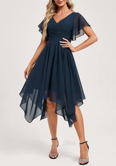 Dark Navy  Ruffled A-line V-Neck Asymmetrical Chiffon Dress