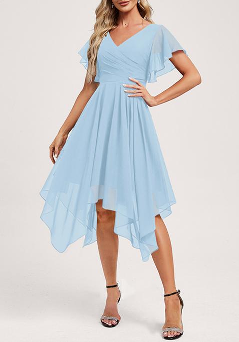 Sky Blue Ruffled A-line V-Neck Asymmetrical Chiffon Dress