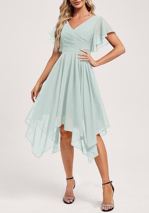 Sky Blue Ruffled A-line V-Neck Asymmetrical Chiffon Dress