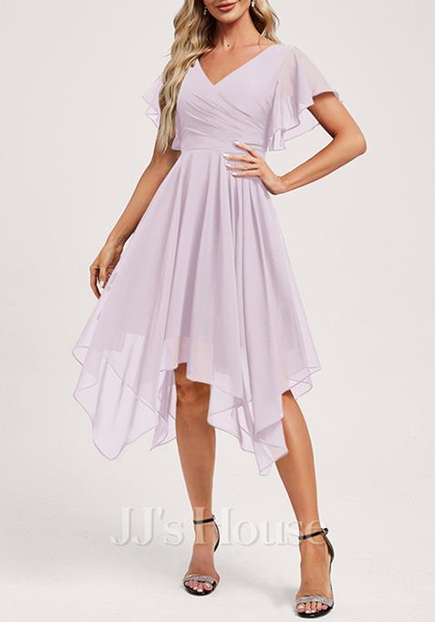 Dusty Lavender Ruffled A-line V-Neck Asymmetrical Chiffon Dress