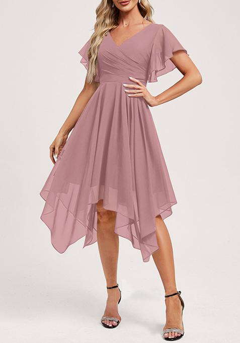 Vintage Mauve Ruffled A-line V-Neck Asymmetrical Chiffon Dress