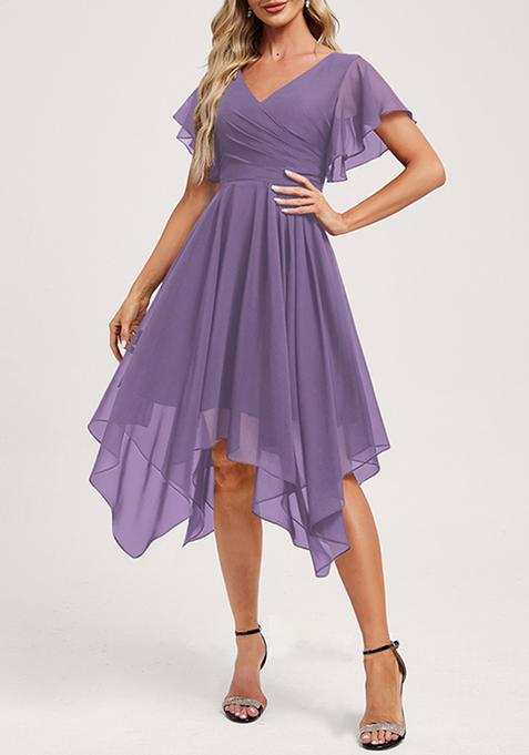 Purple Ruffled A-line V-Neck Asymmetrical Chiffon Dress