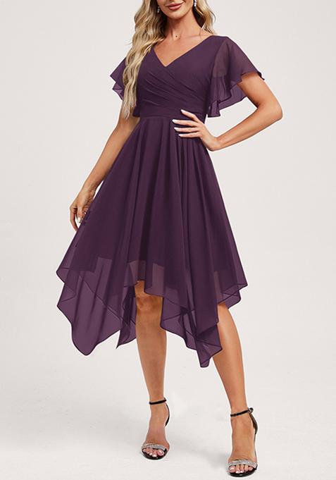 Purple Ruffled A-line V-Neck Asymmetrical Chiffon Dress