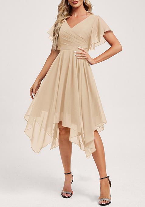 Beige Ruffled A-line V-Neck Asymmetrical Chiffon Dress