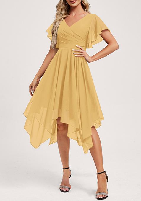 Gold Ruffled A-line V-Neck Asymmetrical Chiffon Dress