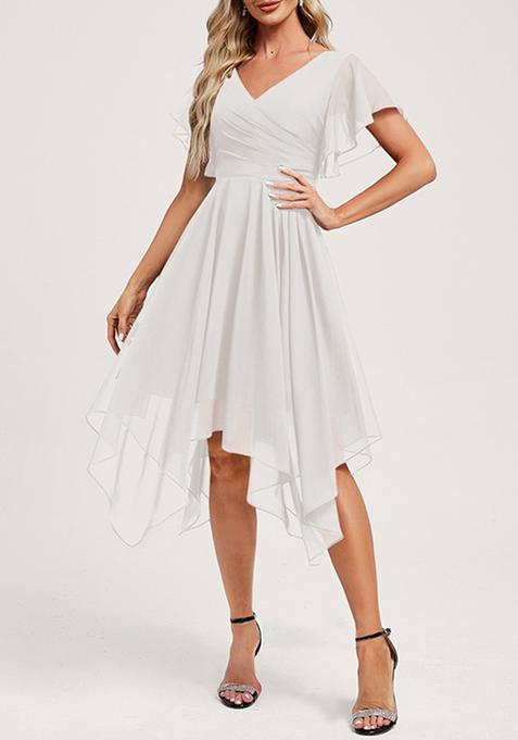 Ivory Ruffled A-line V-Neck Asymmetrical Chiffon Dress