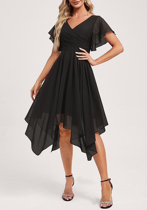 Black Ruffled A-line V-Neck Asymmetrical Chiffon Dress