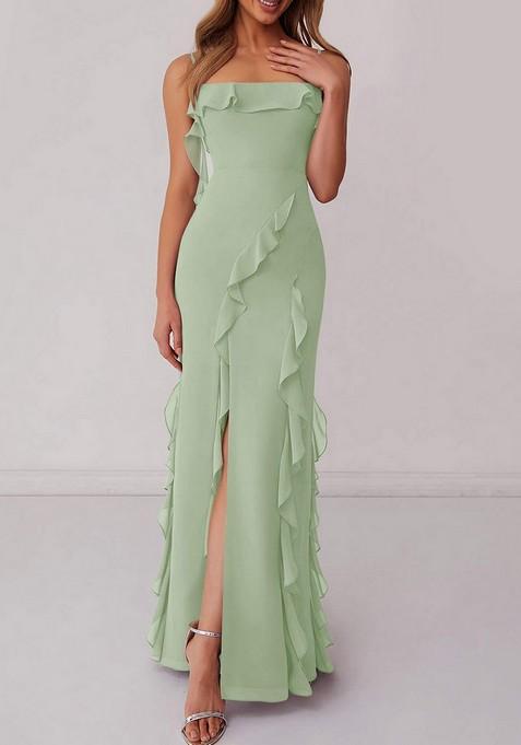 Sage Green Ruffled Column Chiffon Gown with Leg Slit