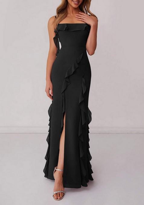 Black Ruffled Column Chiffon Gown with Leg Slit