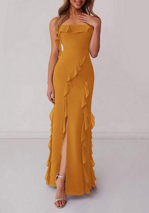 Mustard Ruffled Column Chiffon Gown with Leg Slit