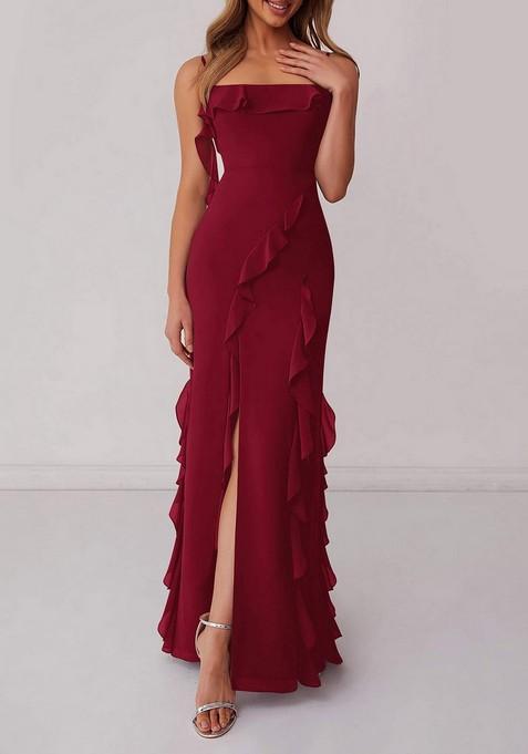 Burgundy Ruffled Column Chiffon Gown with Leg Slit