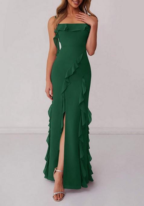 Dark Green Ruffled Column Chiffon Gown with Leg Slit