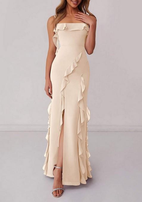 White Alabaster Ruffled Column Chiffon Gown with Leg Slit