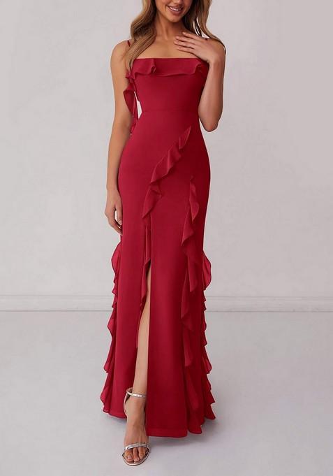 Bright Red Ruffled Column Chiffon Gown with Leg Slit