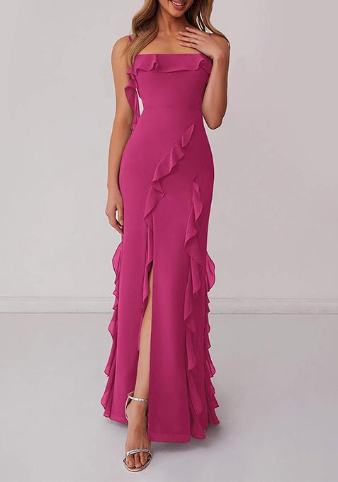 Barbie Pink Ruffled Column Chiffon Gown with Leg Slit