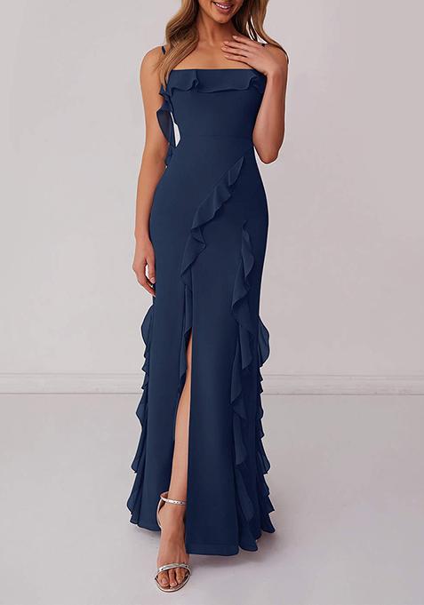 Dark Navy Ruffled Column Chiffon Gown with Leg Slit