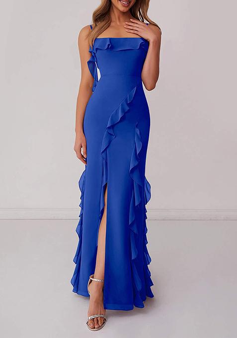 Royal Blue Ruffled Column Chiffon Gown with Leg Slit