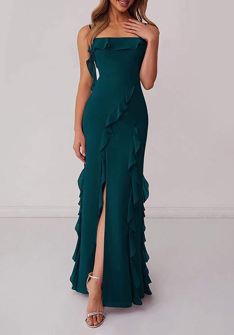 Dark Green Ruffled Column Chiffon Gown with Leg Slit