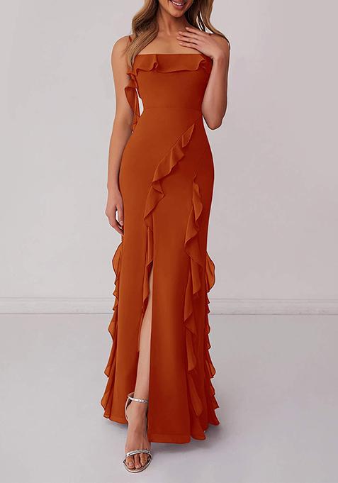 Dark Orange Ruffled Column Chiffon Gown with Leg Slit