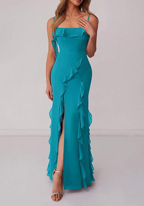 Blue Ruffled Column Chiffon Gown with Leg Slit