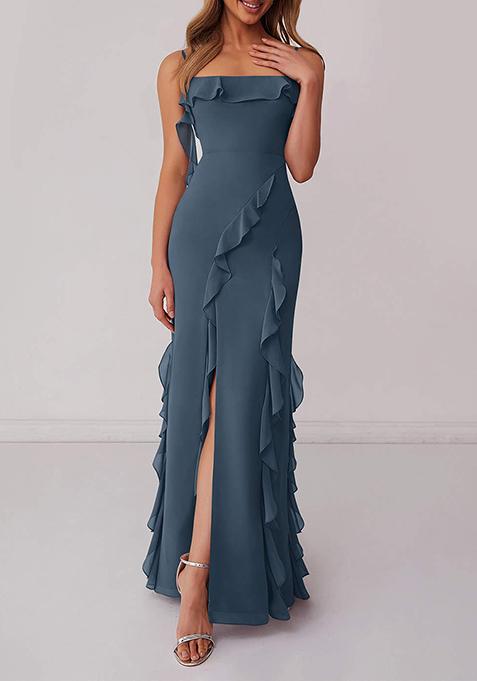 Blue Ruffled Column Chiffon Gown with Leg Slit