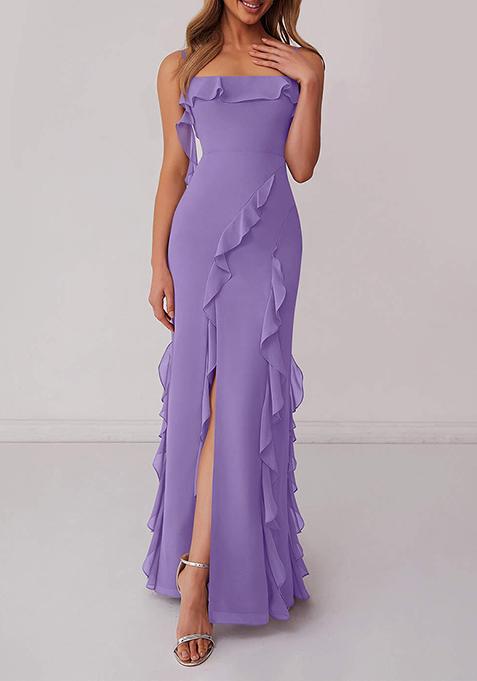 Lavender Ruffled Column Chiffon Gown with Leg Slit