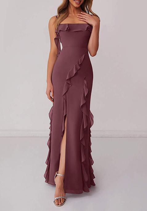 Burgundy Ruffled Column Chiffon Gown with Leg Slit