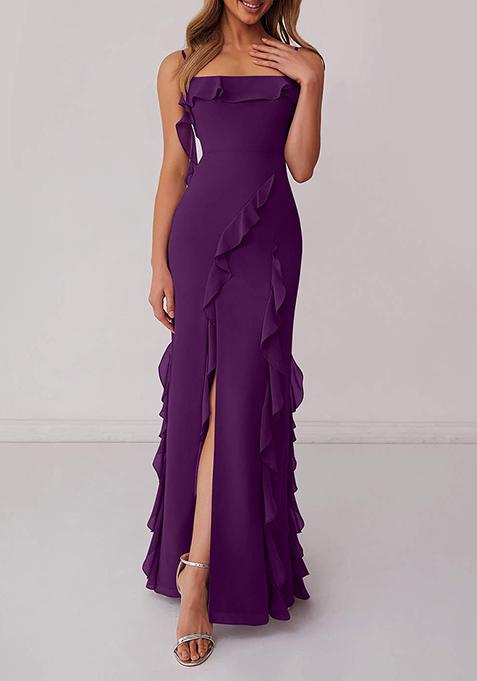 Purple Ruffled Column Chiffon Gown with Leg Slit