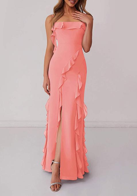 Coral Ruffled Column Chiffon Gown with Leg Slit