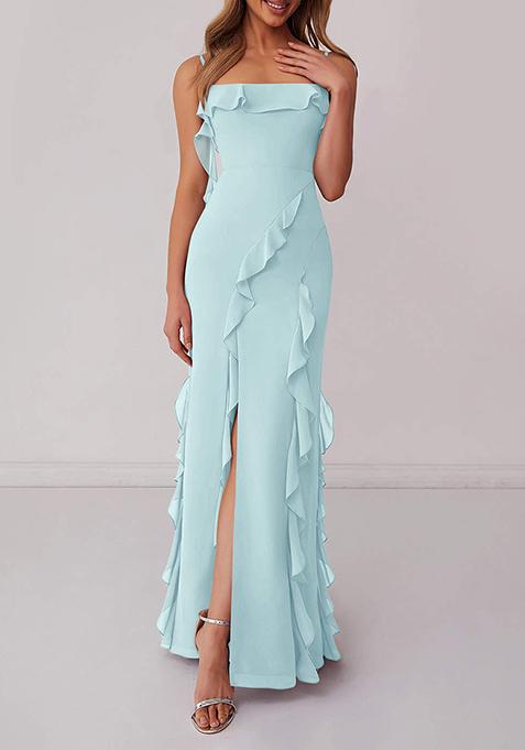 Sea Green Ruffled Column Chiffon Gown with Leg Slit