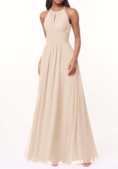 White Alabaster Flowy Keyhole Ruched Chiffon Gown