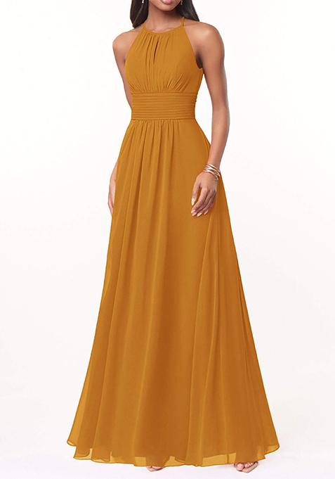 Mustard Flowy Keyhole Ruched Chiffon Gown