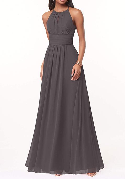 Steel Grey Flowy Keyhole Ruched Chiffon Gown