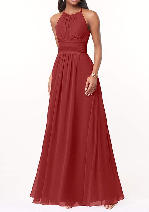 Rust Flowy Keyhole Ruched Chiffon Gown