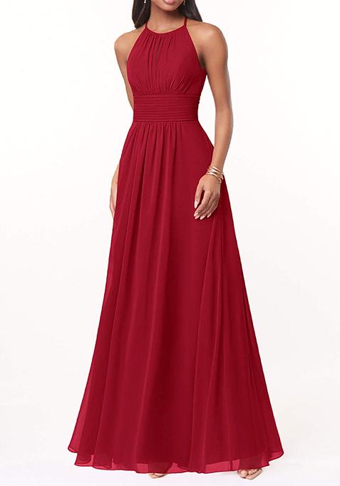 Bright Red Flowy Keyhole Ruched Chiffon Gown