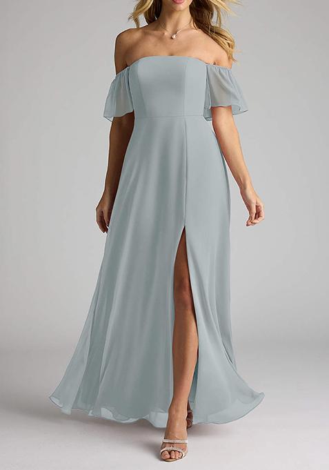 Dolphin Grey Flowy Off Shoulder Chiffon Gown