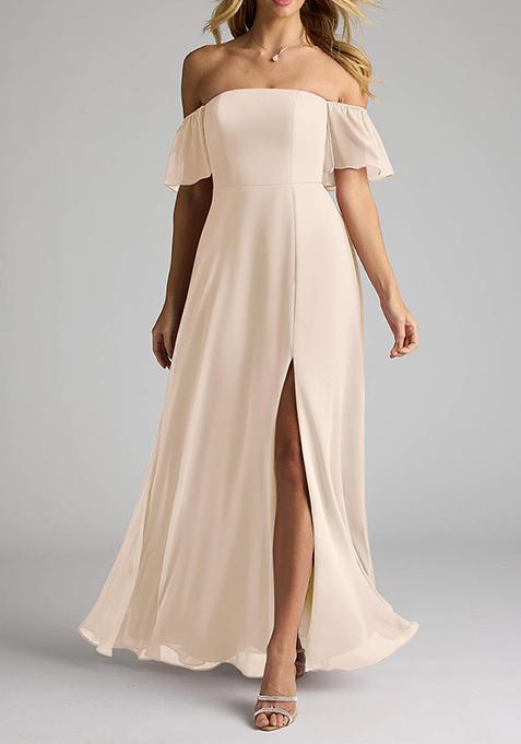 White Alabaster Flowy Off Shoulder Chiffon Gown