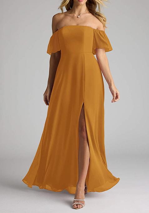 Mustard Flowy Off Shoulder Chiffon Gown