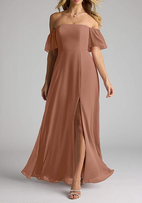 Beige Flowy Off Shoulder Chiffon Gown