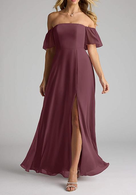 Burgundy Flowy Off Shoulder Chiffon Gown