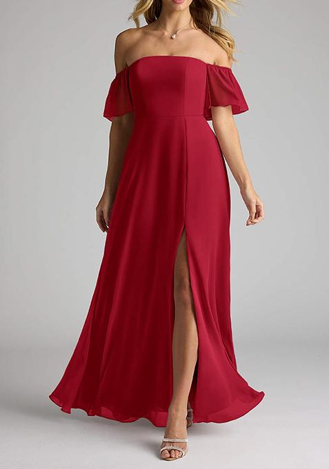 Bright Red Flowy Off Shoulder Chiffon Gown