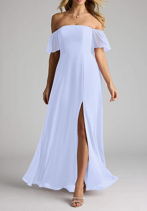 Lavender Flowy Off Shoulder Chiffon Gown