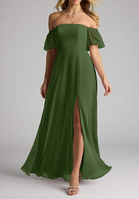 Olive Flowy Off Shoulder Chiffon Gown