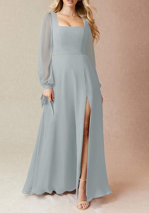 Dolphin Grey Flowy Long Sleeve Chiffon Gown