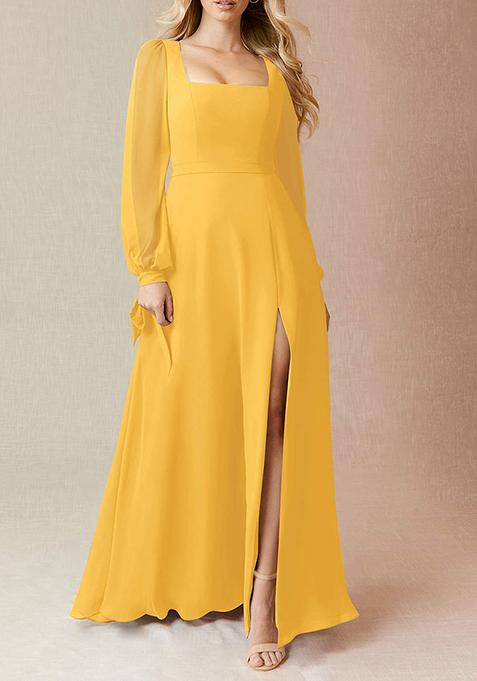 Yellow Flowy Long Sleeve Chiffon Gown