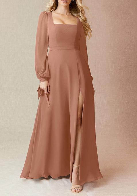 Beige Flowy Long Sleeve Chiffon Gown